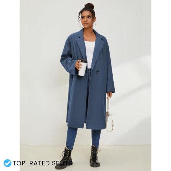 Oversized Wool Blend Trench Coat Double Breasted Long Winter Overcoat Chic - Picture 4 of 6